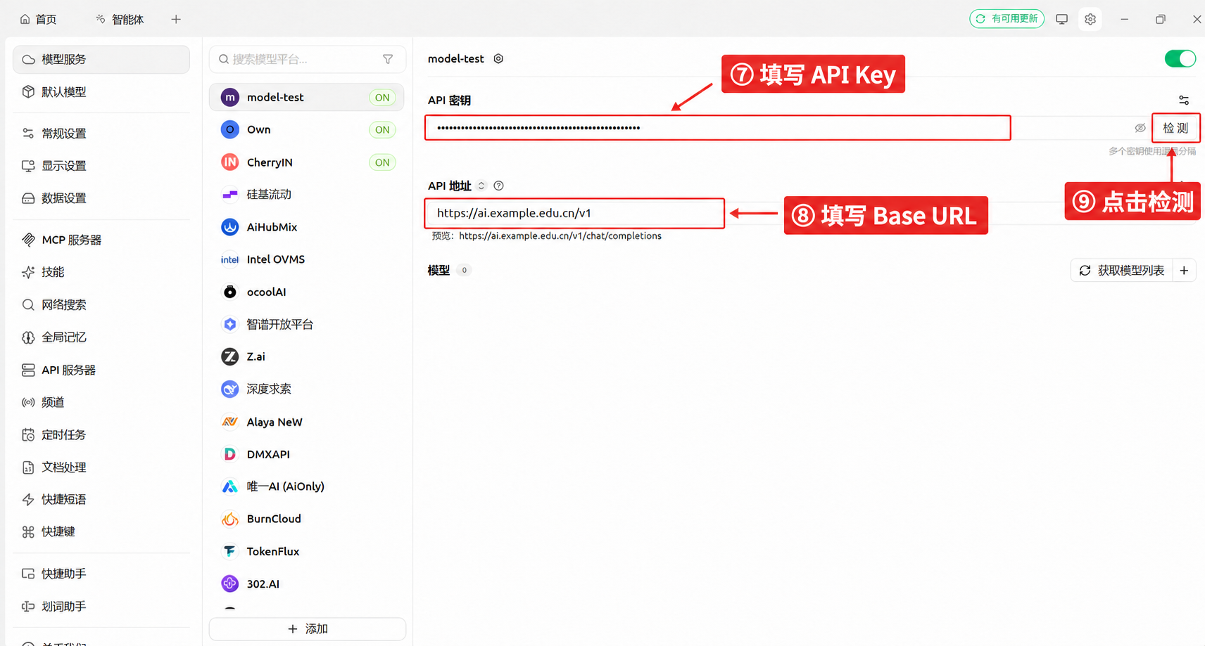 填写 API Key 和 Base URL，然后点击检测