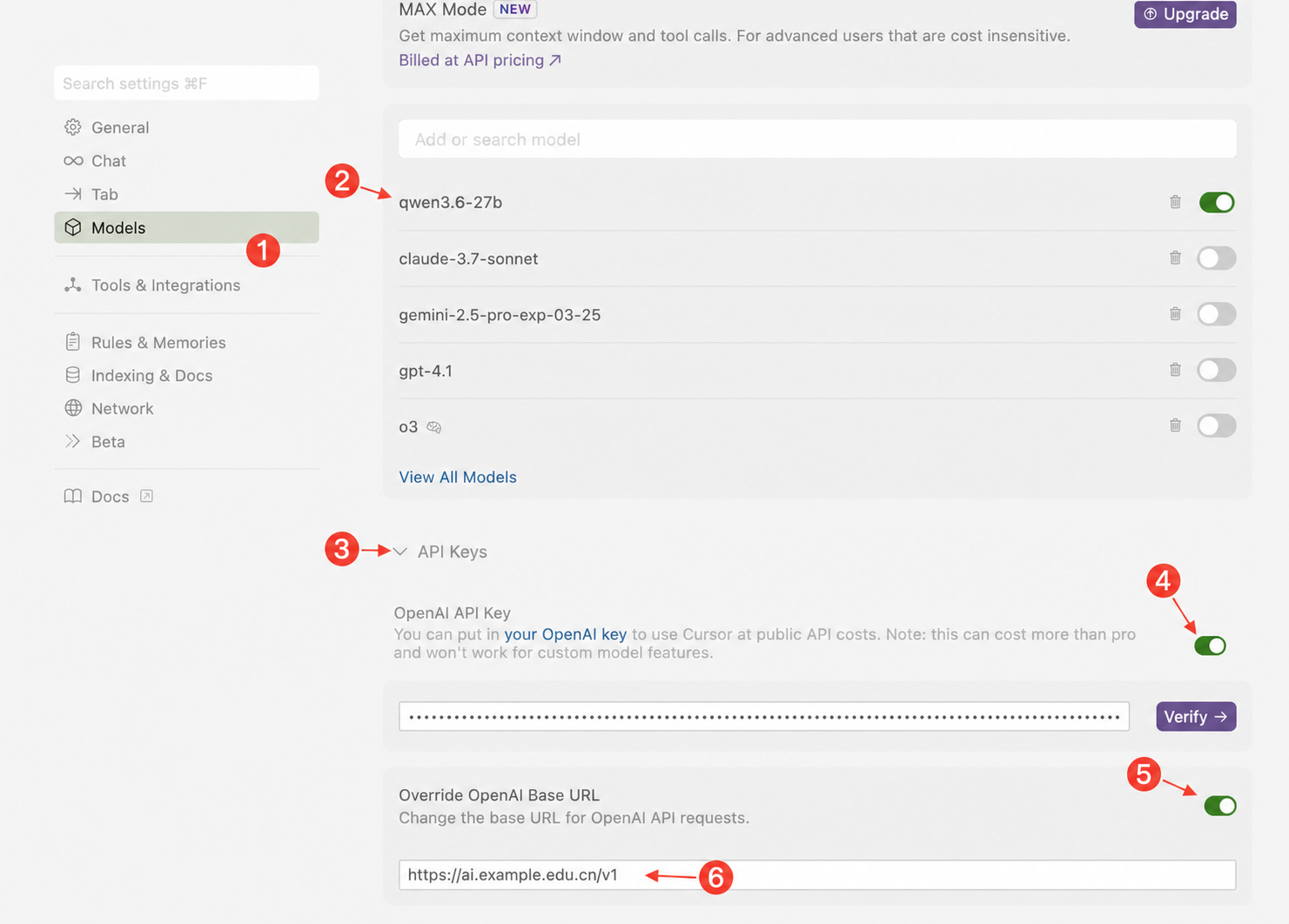 Cursor Models 和 API Keys 设置,标出自定义模型、API Key 和 Base URL