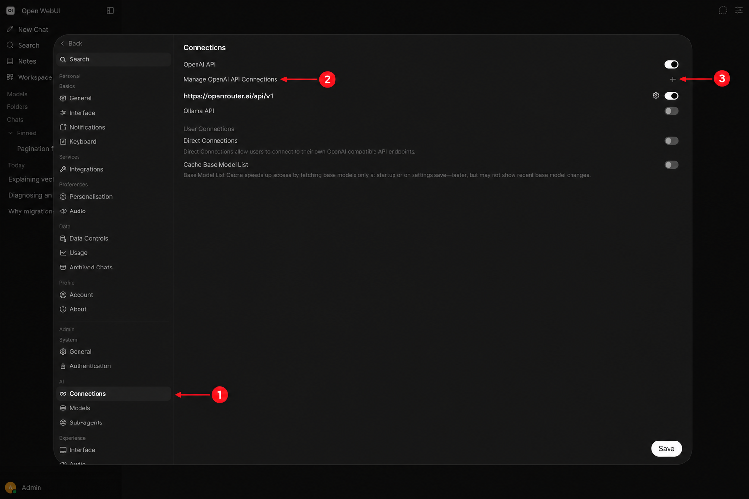Open WebUI 管理员 Connections 页面,箭头指向连接入口和添加按钮